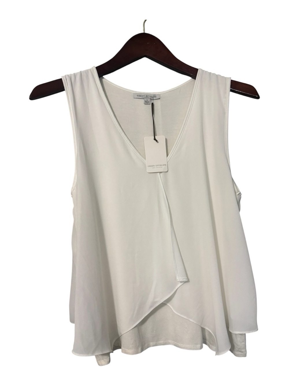 Green Envelope Los Angeles White Sleeveless Faux Wrap Layered Blouse L NWT